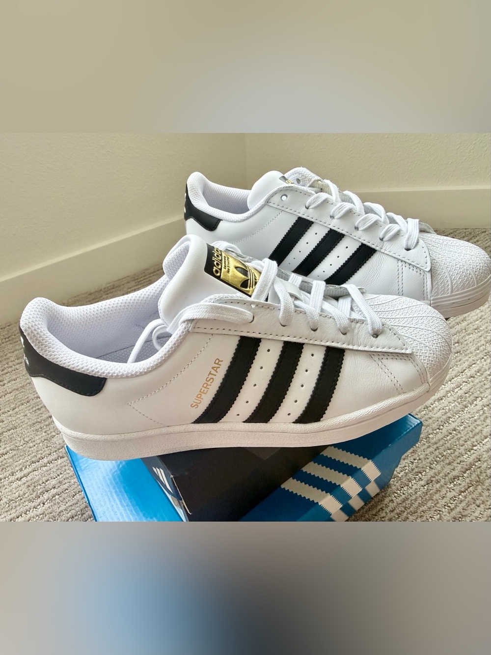 adidas White/Black Superstar Leather Sneaker with Gold Accents